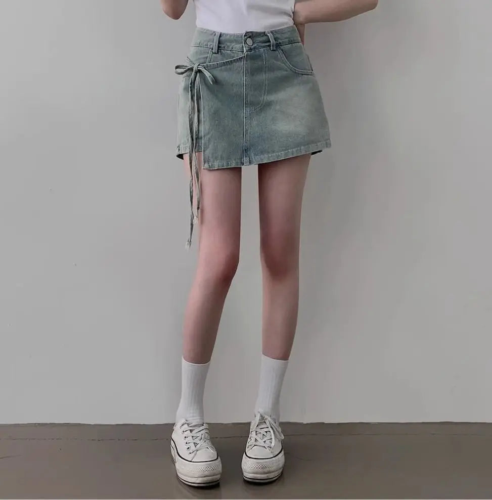 DFCF 2025 Spring Summe Jeans Streetwear Vintage Irregular Laced Up short Jeans Women Y2k Korean Fashion High Waist Straight Pant RT220