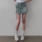 DFCF 2025 Spring Summe Jeans Streetwear Vintage Irregular Laced Up short Jeans Women Y2k Korean Fashion High Waist Straight Pant RT220