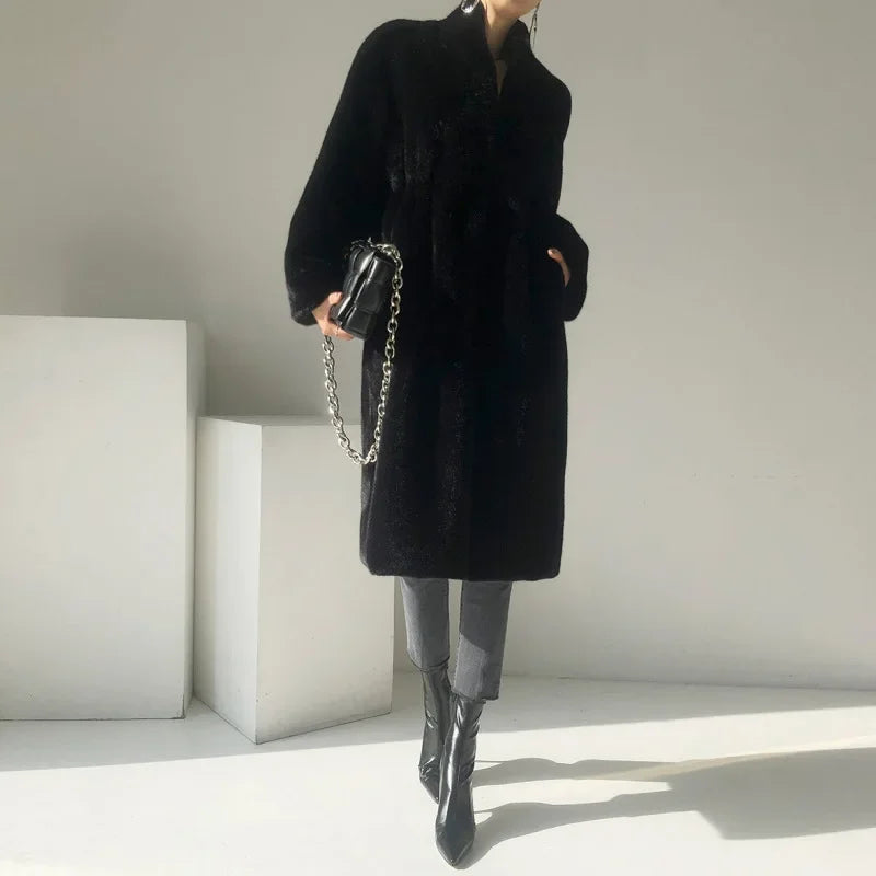 Faux Fur Coats Women Stand Collar Mid Length Long Coat Thick Maxi Warm Y2k Tops Open Stitch Elegant Autumn Winter Black Jackets RT220