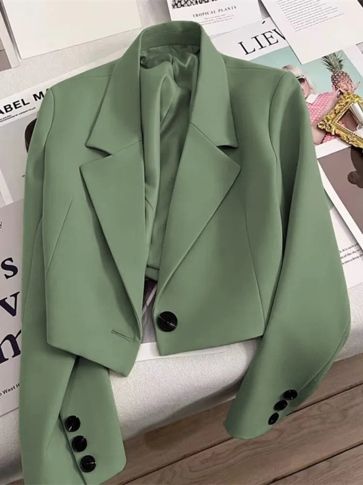 Korean Cropped Blazers Women Autumn Solid Color Simple Single-button Outwear Teens All-match Long Sleeve Office Lady Suit Jacket RT220
