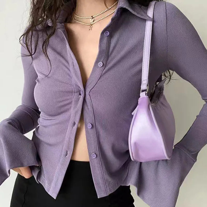 Sexy Slim Flared-sleeve Shirt Polo Collar Lapel Five-color All-match Women's Slim Stretch Long-sleeved Top Women Shirts Blouses RT220