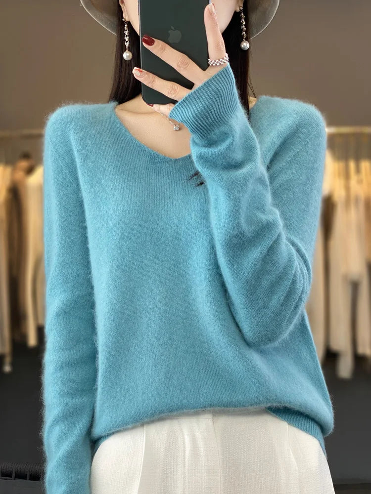 2024 New Womens Basic V-neck Pullover Sweater 100% Merino Wool Long Sleeve Cashmere Knitwear Autumn Winter Female Clothing Tops RT220