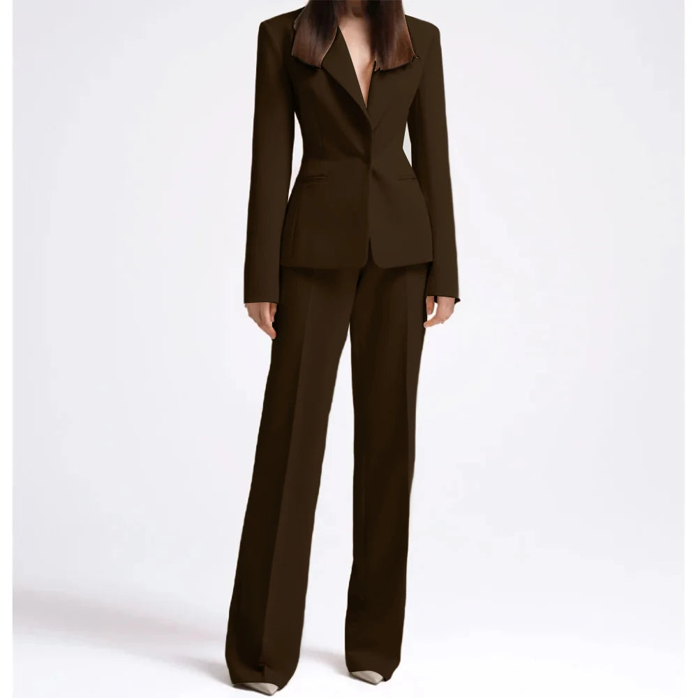 Office Lady Fashion Beige Women Suits One Button Peak Lapel 2 Piece Jacket Pants Slim Fit Smart Causal Conjuntos De Pantalones RT220