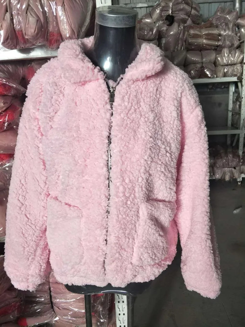 Autumn Winter Faux Fur Coat Women 2025 Khaki Casual Warm Soft Zipper Fur Jacket Plush Overcoat Pocket Teddy Coat Female Jacket RT220