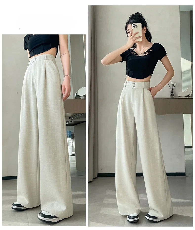 Seoulish Spring Summer Elegant Button Women's Wide Leg Pants 2025 New High Waist Solid Casual Loose Straight Trousers for Womens RT220