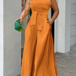 2023 Summer Women's Clothing Slanted Collar Unilateral Tie Irregular Strapless High Waist Pocket Wide Leg Pants Casual Jumpsuit RT220