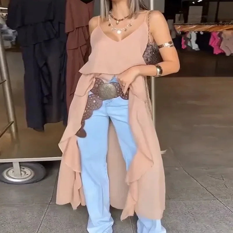 Women Ruffles Long Shirts Dress Summer Elegant Solid Sleeveless Blouse Ladies Casual 2025 Beach V Neck Backless Top Femme Blusas RT220