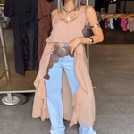 Women Ruffles Long Shirts Dress Summer Elegant Solid Sleeveless Blouse Ladies Casual 2025 Beach V Neck Backless Top Femme Blusas RT220