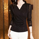 New Spring Women's T-Shirt Cross V-Neck Solid Color Bright Powder Slim Long-Sleeved Mesh Tops Elastic Bottoming Shirt RT220