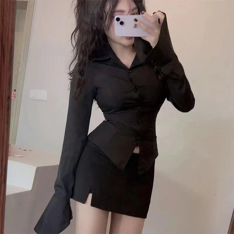 Sexy Slim Bandage Shirts Women Y2K Fashion Lapel Bell Sleeve White Blouses Female Korean Streetwear Spring Buttons Tops New RT220