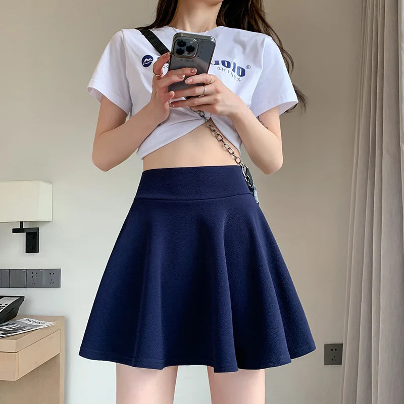 ITOOLIN Women Sweet Solid Color Preppy Skirts Casual Wide Leg High Waist Mini Skirts Women Harajuku Pleated A-line Skirts New RT220