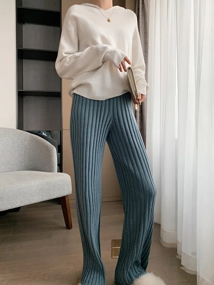 Autumn Winter Casual Thick Knitted Pant Women Long Trousers Elastic High Waist Kniting Wide Leg Pants Striped Pantalon RT220