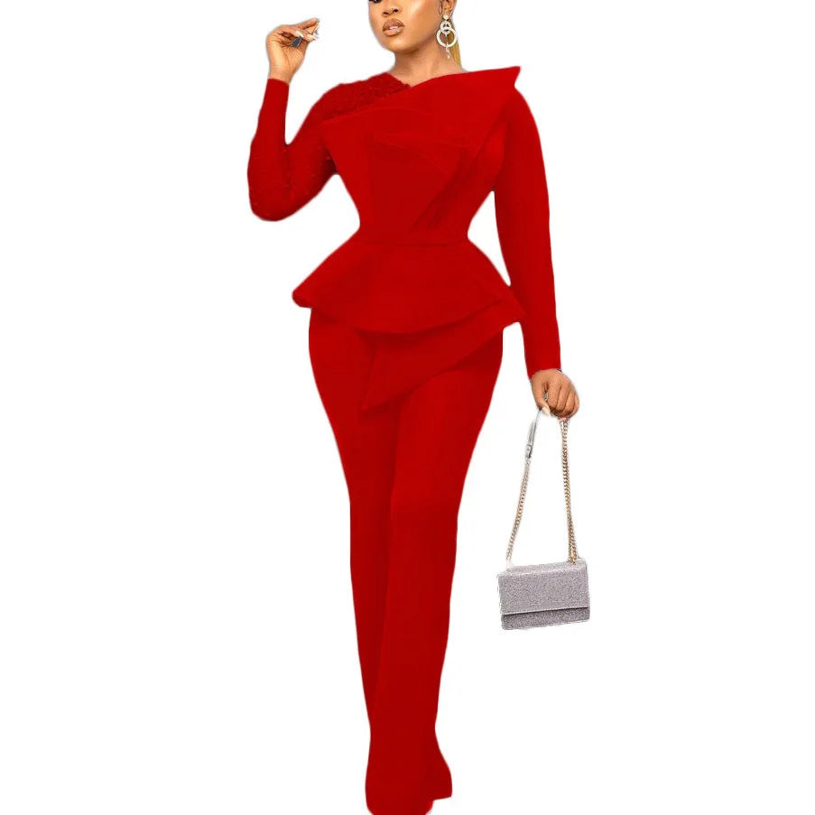 Luxury Jumpsuits & Rompers for Women Round Neck Beaded Transparent Sleeve High Waisted Elegant Female Birthday Party Overalls RT220