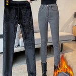 Skinny Women's Warm Jeans Winter Thicken Fleece Stretch High Waist Pencil Pants Fashion Korean Black Blue Gray Velvet Leggings RT220