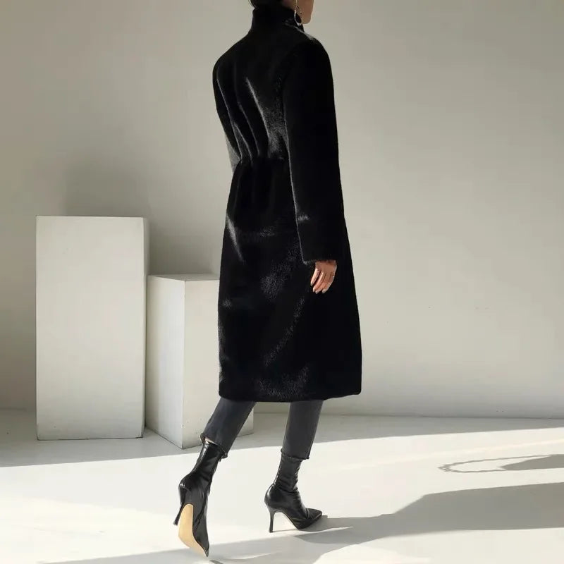 Faux Fur Coats Women Stand Collar Mid Length Long Coat Thick Maxi Warm Y2k Tops Open Stitch Elegant Autumn Winter Black Jackets RT220