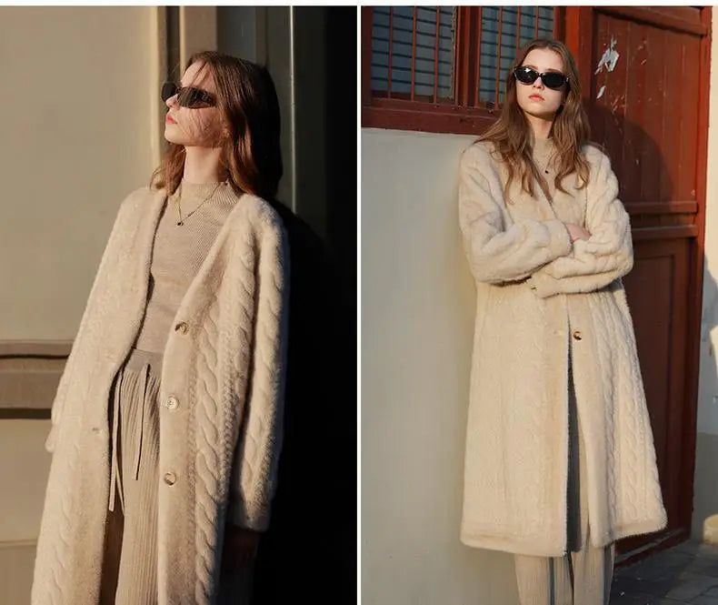 Women Fur Cardigan Thickened Long 2024Autumn Winter V-neck Jacket Female Loose Simple Leisure With Buttons Casual Faux Fur Coat RT220