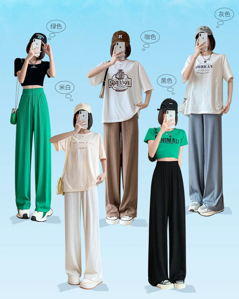 Thin Summer Wide-leg Pants Ice Filament Permeability Women Spring  Women Elastic Waist Stright Long Wide Leg Pants Casual Female RT220