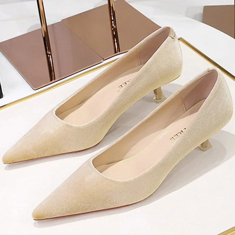 Western Style Fashion Simplicity Party Women Shoes 4.5cm Thin Heels Mid-heels Shallow Pointed Toe Flock Ladies Shoes Wine Red RT220