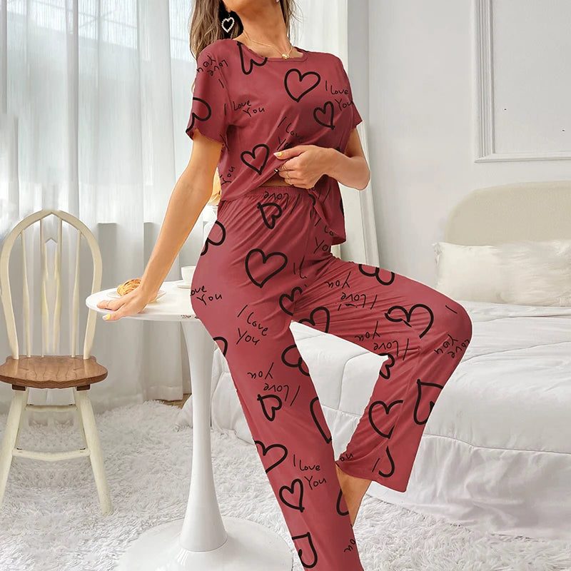 Autumn Fashion Home Pajama Suit Women Sleepwear Pijama Milk Silk Short Sleeve Top with Pants 2 Piece Pajamas for Ladies Lingerie RT220