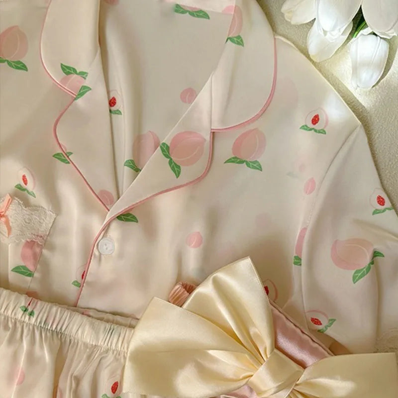 Honey Peach Print Lace Korean Ins Style Pajamas Women Y2k Three-piece Set Classy Sweet Cute Lady Lounge 2024 New Spring Homewear RT220