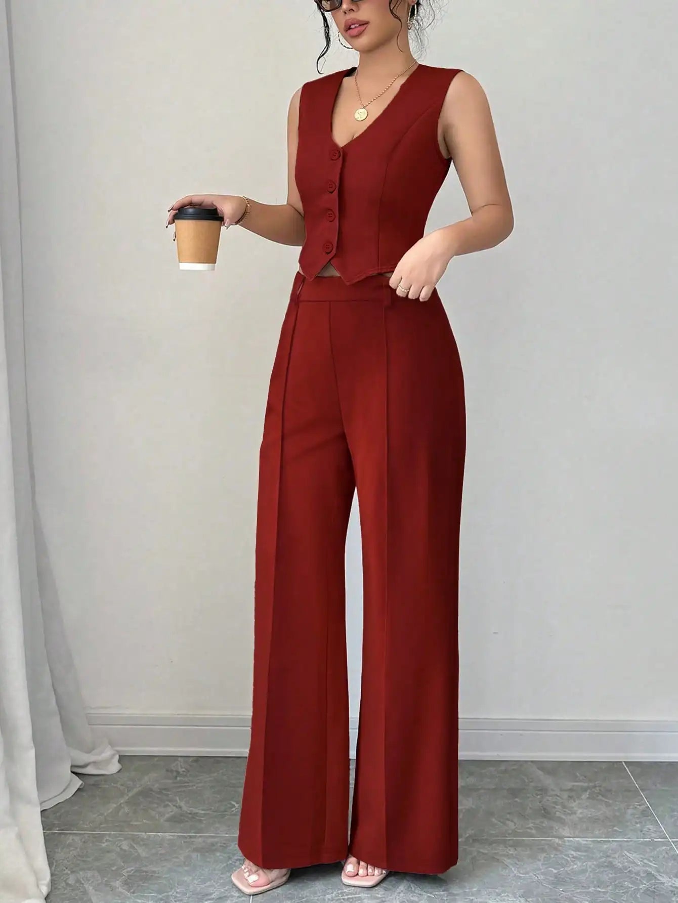 Women's 2Pcs Red Date Night Front Buckle V-Shaped Hem Solid Button Front Vest Jacket & Seam Front Pants Two Piece Set RT220