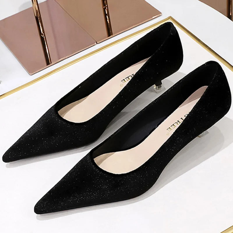 Western Style Fashion Simplicity Party Women Shoes 4.5cm Thin Heels Mid-heels Shallow Pointed Toe Flock Ladies Shoes Wine Red RT220