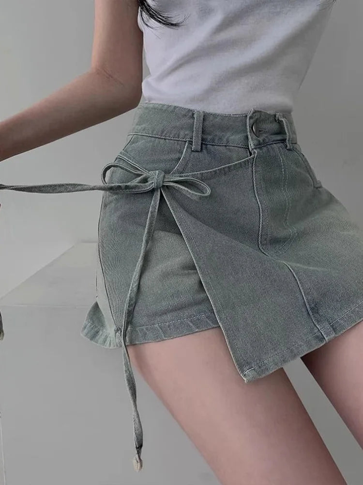 DFCF 2025 Spring Summe Jeans Streetwear Vintage Irregular Laced Up short Jeans Women Y2k Korean Fashion High Waist Straight Pant RT220