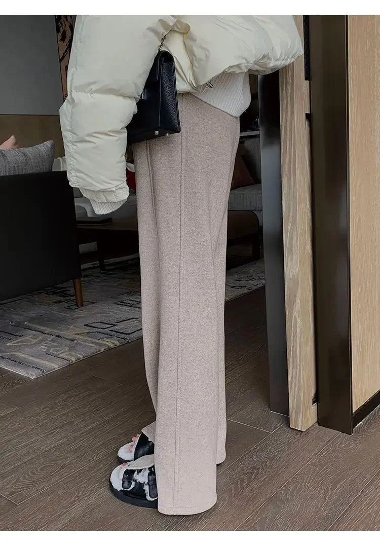 Women Pants Autumn Winter Thickening High Waisted Wool Wide Leg Pants Women Fashion Chevron Lengthening Leg Opening Floor Length RT220
