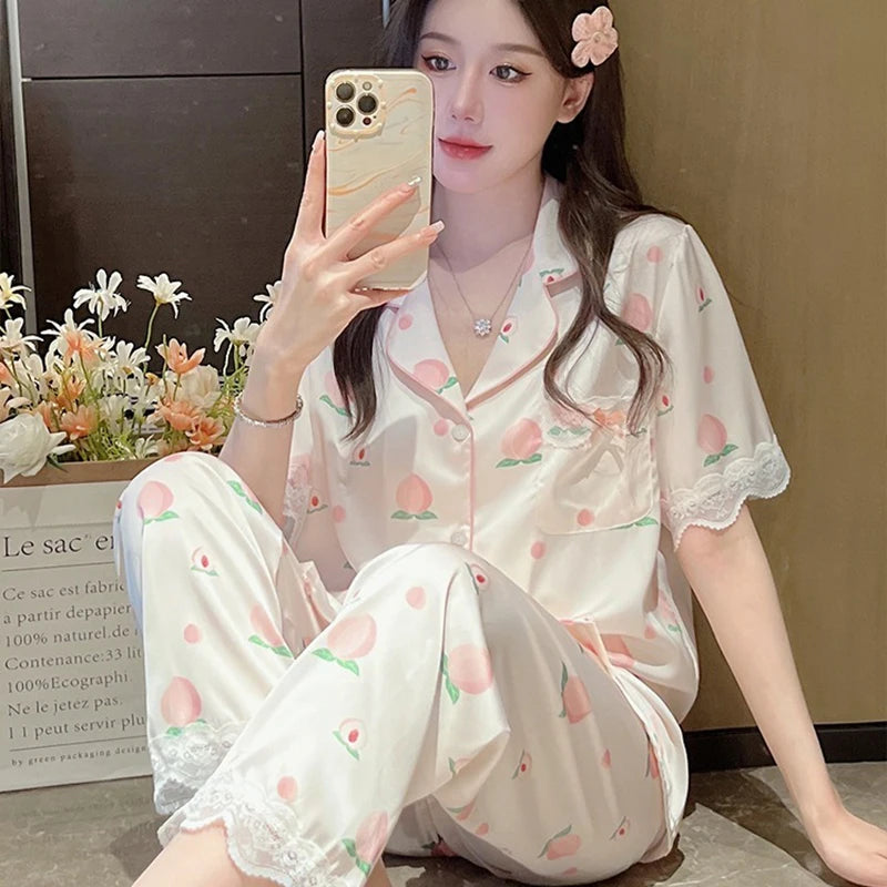 Honey Peach Print Lace Korean Ins Style Pajamas Women Y2k Three-piece Set Classy Sweet Cute Lady Lounge 2024 New Spring Homewear RT220