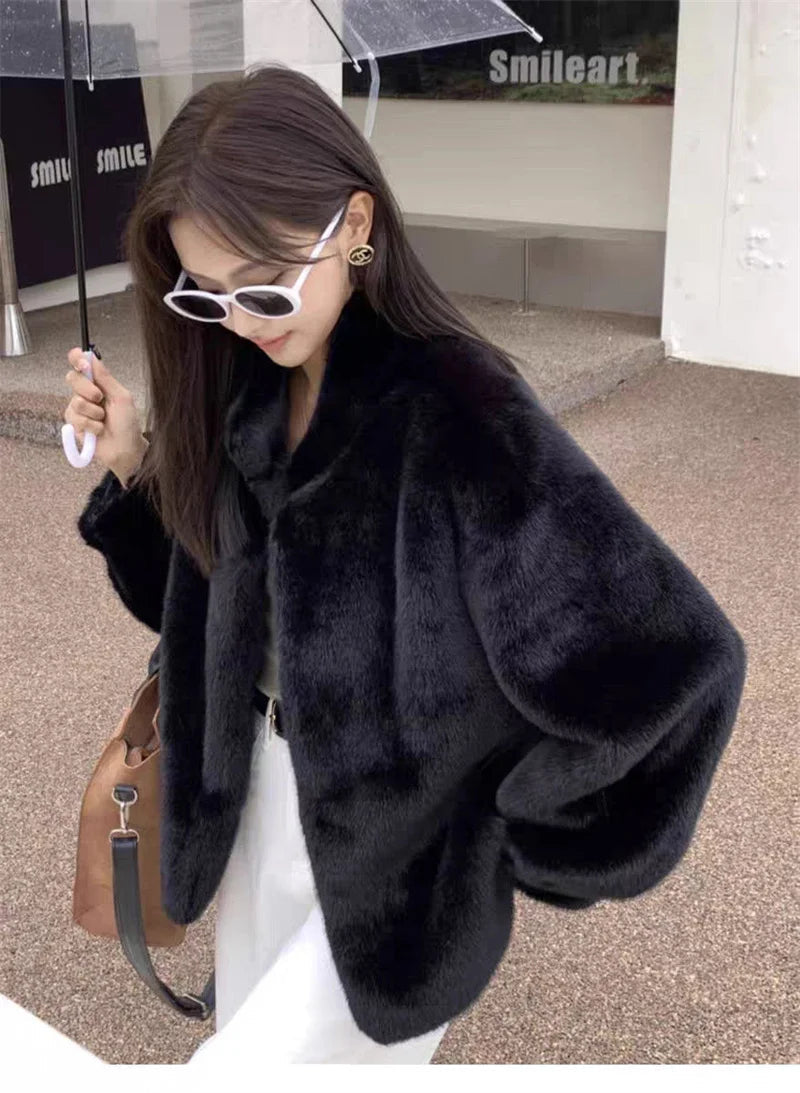 2024 Women Solid Color Stand Collar Mink Fur Top Female Long Sleeves Fox Fur Jacket Spring Autumn Lady Short Leather Fur Outwear RT220