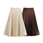 European And American Style 2025 Spring New Women's Retro Slim Temperament Satin Texture Midi Pleated Skirt RT220