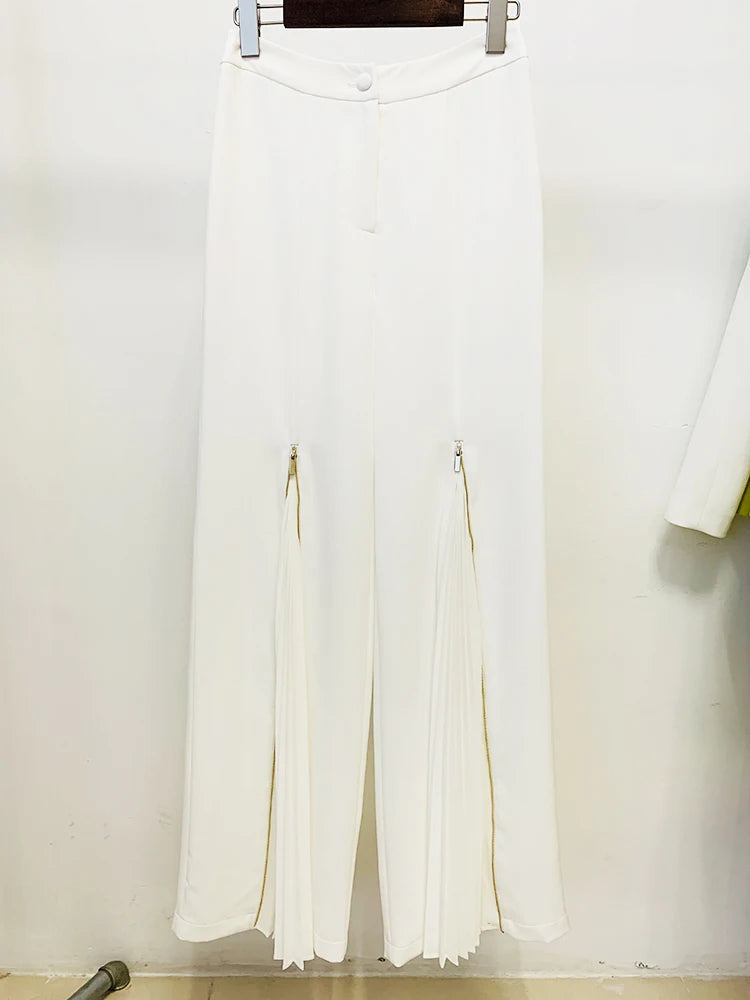 HIGH STREET Newest 2024 Designer Runway Suit Set Women's Lacing Belt Blazer Pleated Zip Pants Set 2pcs Set RT220