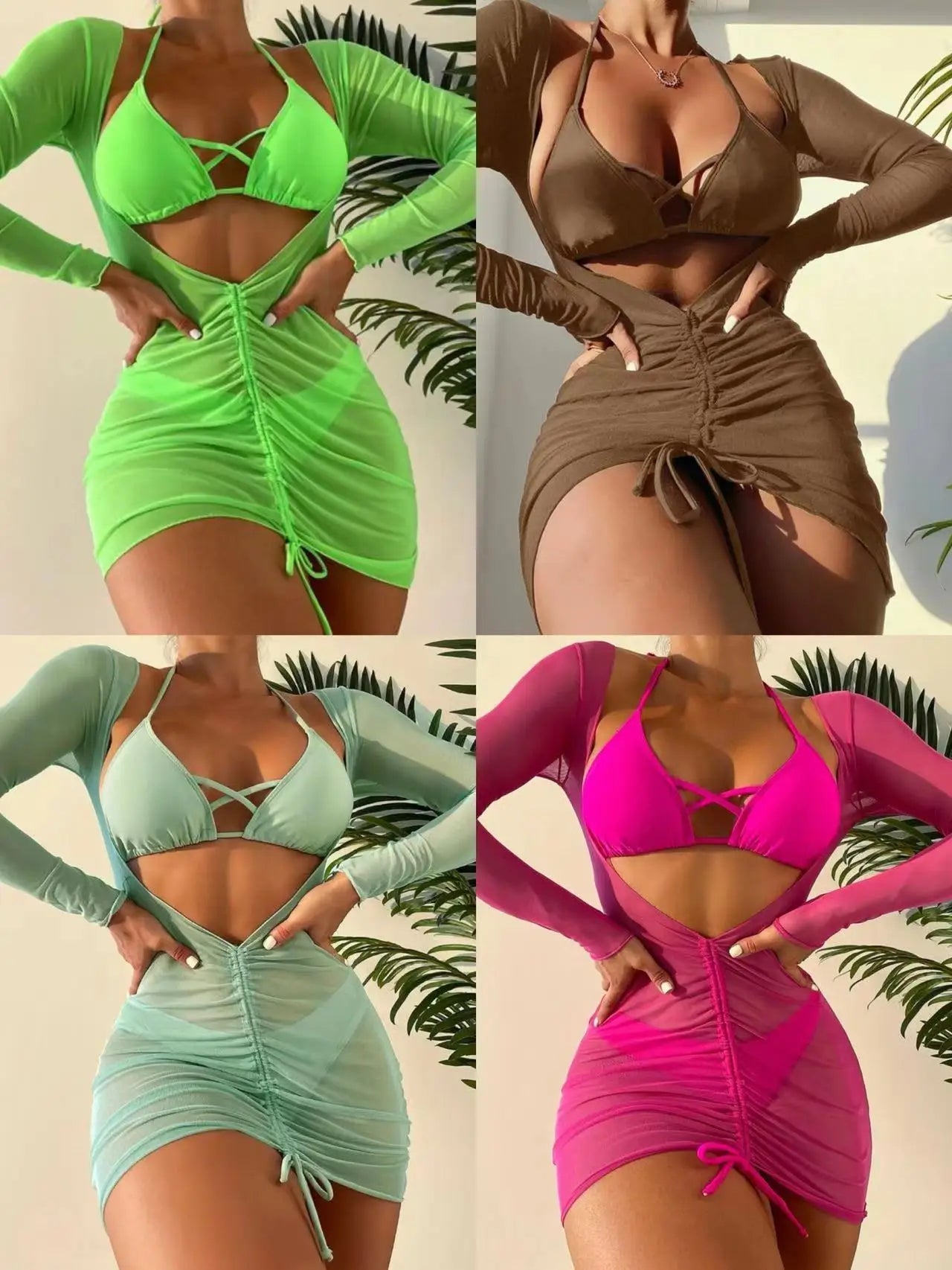 Long Sleeves Dress Bikini Set 2025 Women Neon Green Lace Up 3 Pieces Swimsuit Brazilian Bathing Suit Pleate Cover Up Swimwear RT220