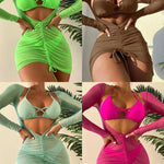 Long Sleeves Dress Bikini Set 2025 Women Neon Green Lace Up 3 Pieces Swimsuit Brazilian Bathing Suit Pleate Cover Up Swimwear RT220