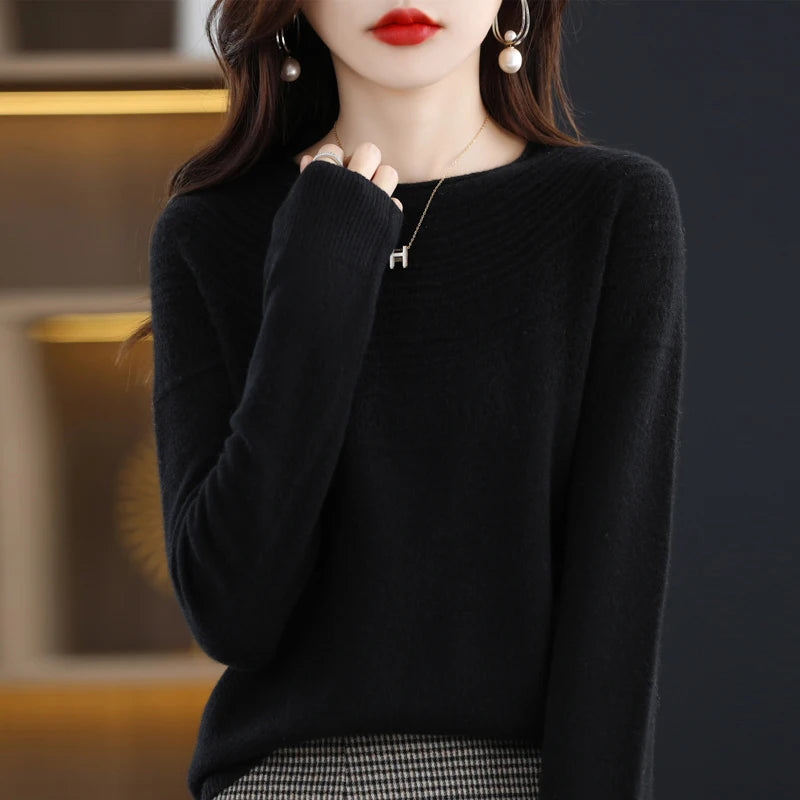 100% Merino Wool Knitted Sweater Autumn/Winter 2024 New Women's Round Neck Hollow Top 11 Color Pullover Versatile Coat NJR1107 RT220