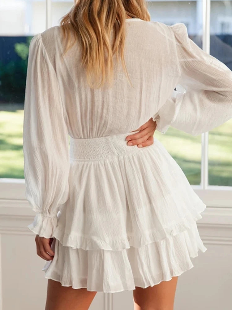 Sexy Cascading Ruffles Women Long Sleeve Mini Dress Deep V-Neck Lace-Up Casual Ladies Party Dress Sweet Streetwear Dropshipping RT220