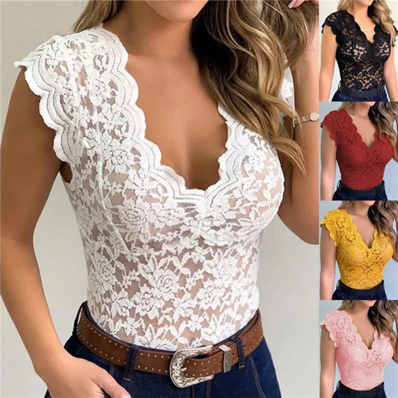 Sexy Deep V Neck Sleeveless Lace Blouse Shirts Summer Fashion Women Lace Patchwork Pullover Tops XCDZ-540738 RT220