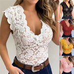 Sexy Deep V Neck Sleeveless Lace Blouse Shirts Summer Fashion Women Lace Patchwork Pullover Tops XCDZ-540738 RT220