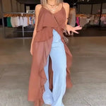 Women Ruffles Long Shirts Dress Summer Elegant Solid Sleeveless Blouse Ladies Casual 2025 Beach V Neck Backless Top Femme Blusas RT220