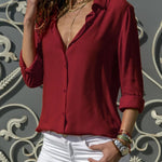 Ladies' Elegant Solid Chiffon Top Summer Casual Long Sleeve V-neck Loose Shirt Office Women's Solid Color Collar Fashion Top RT220