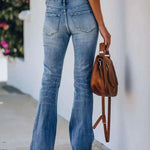 Women Jeans Bleached High Waist Flare Jean Zipper Fly Vintage Washed Loose Fit Denim Full Length Pants Pockets Basics Solid RT220