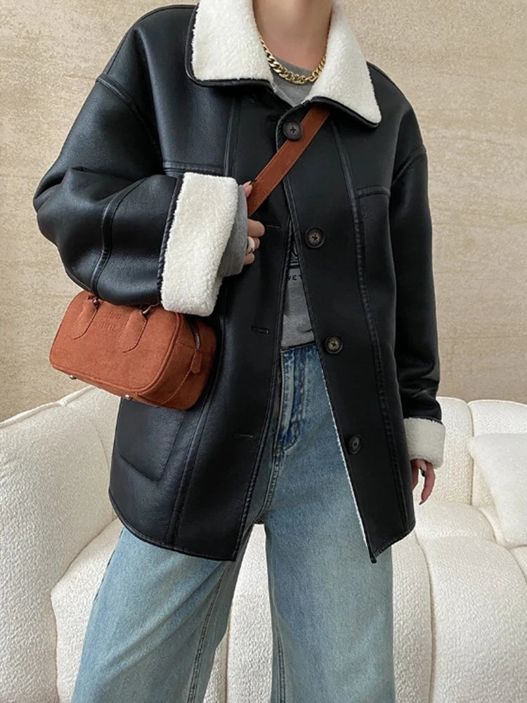 [LANMREM] Faux Fur Thick Warm Coats Lapel Single Breasted Office Lady Elegant Female Outwear Fashion 2025 Winter New 26C1095 RT220