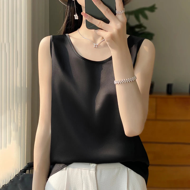 Women Tops Solid Spring Summer Casual Crop Tops Sexy O-neck Tank Tops Office Lady Pink White Top 2024 Fashion Korean Tank Top RT220