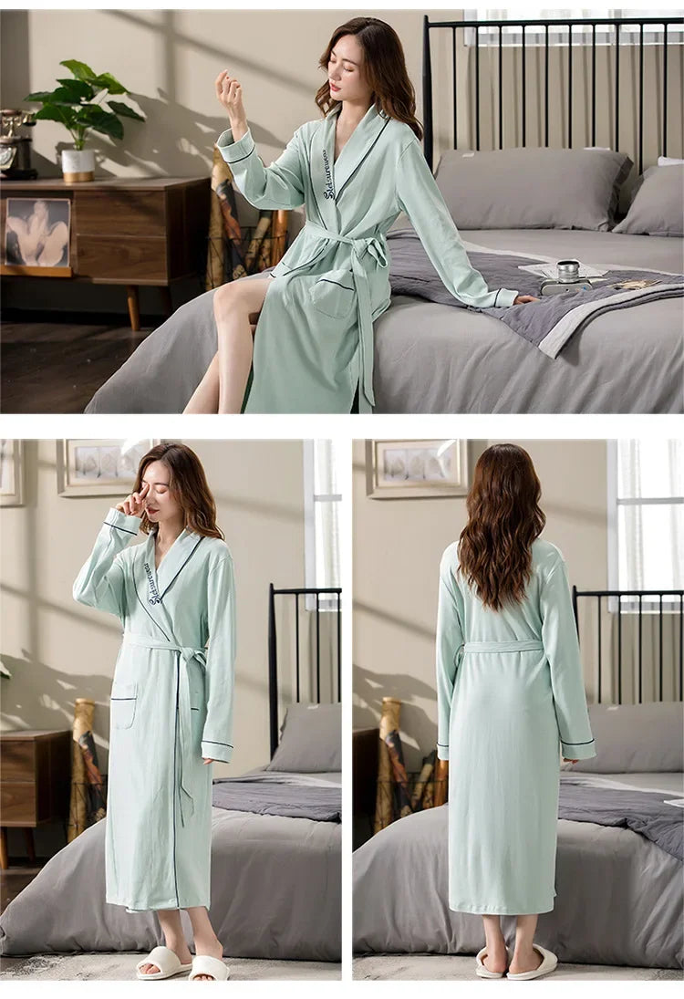 Spring Autumn Long Sleeve Cotton Casual Loose-fit Quick Dry Bathrobe For Women Medium-length Home Use Robe For Young Mothers RT220
