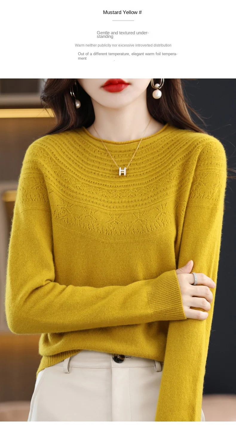 100% Merino Wool Knitted Sweater Autumn/Winter 2024 New Women's Round Neck Hollow Top 11 Color Pullover Versatile Coat NJR1107 RT220