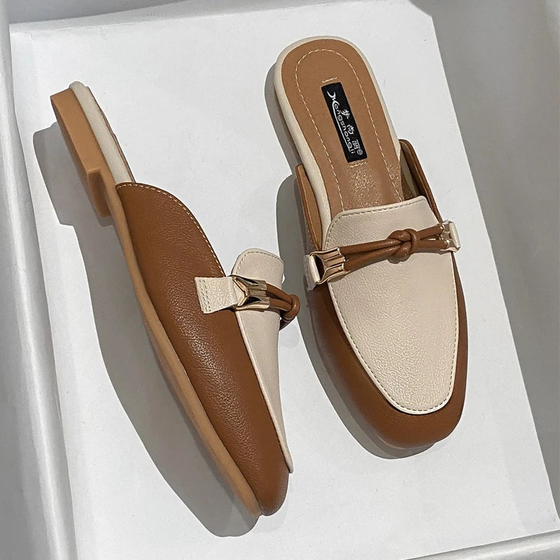 New Summer Fashion Metal Buckle Woman Shoes Half-drag Muller Shoes Women Wear Flat Slippers And Leather Toe-covered Sandals RT220