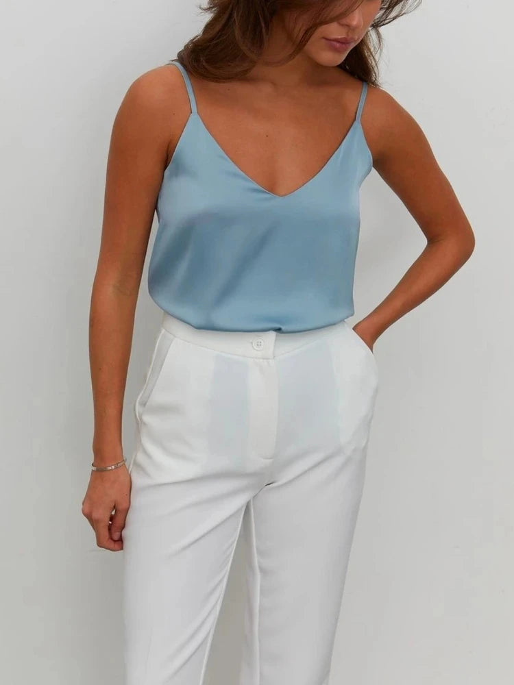 Spaghetti Strap Top Women Halter V Neck Basic White Cami Sleeveless Satin Silk Tank Tops Women Summer 2025 Camisole RT220
