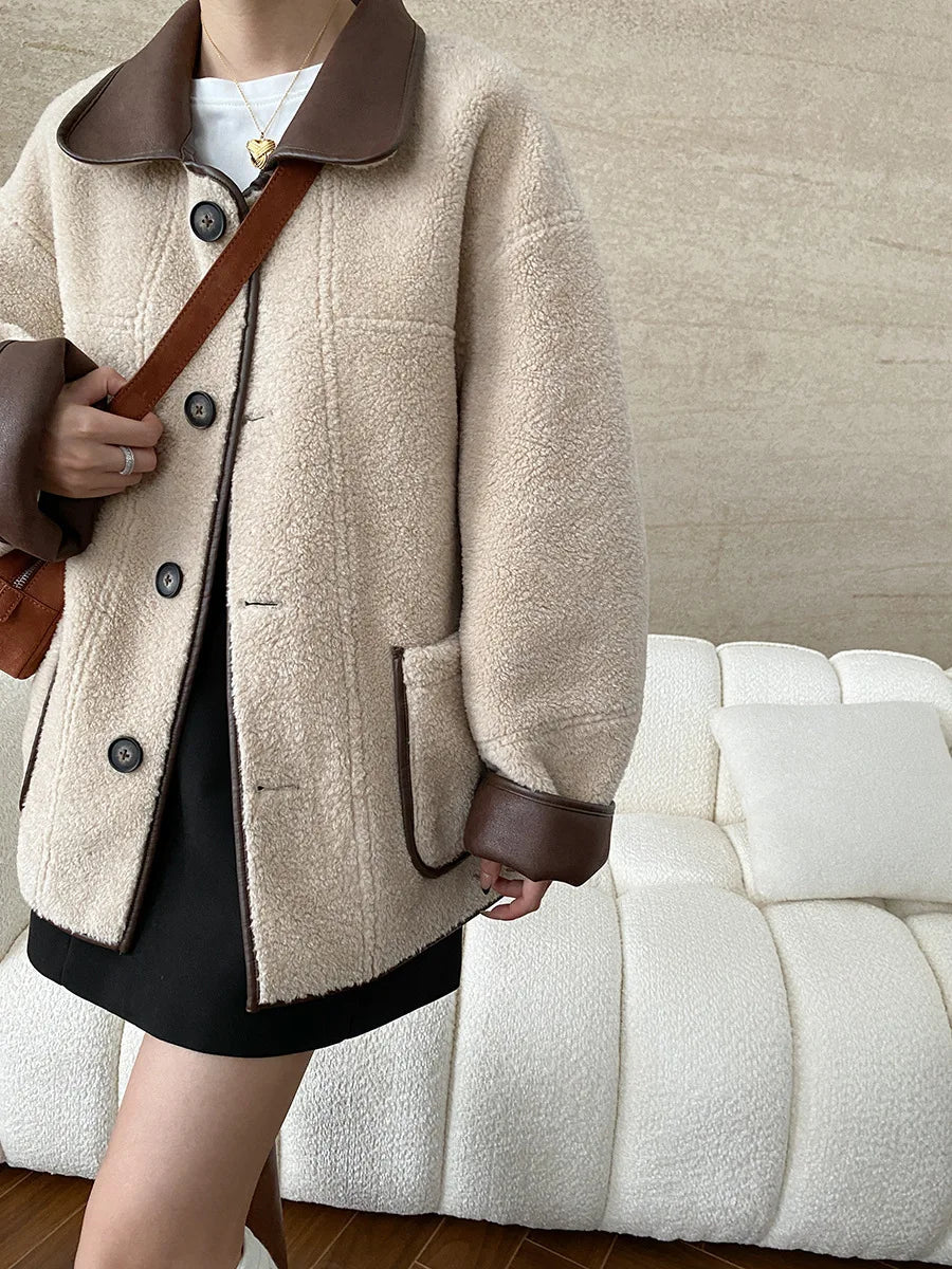 [LANMREM] Faux Fur Thick Warm Coats Lapel Single Breasted Office Lady Elegant Female Outwear Fashion 2025 Winter New 26C1095 RT220
