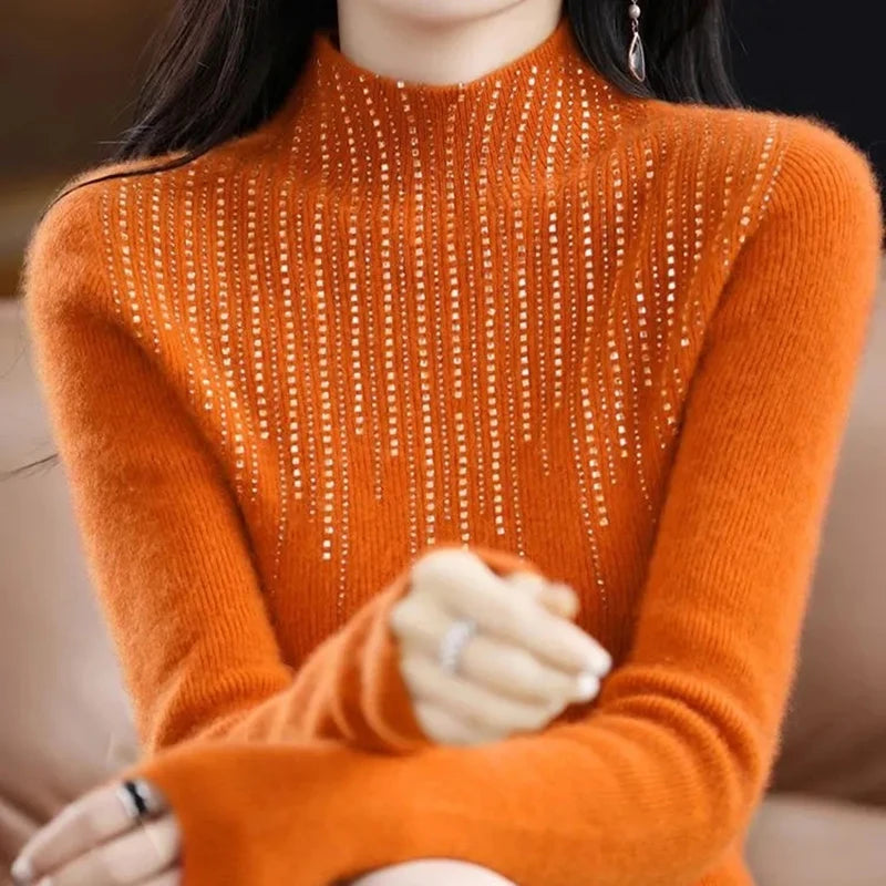 Lucyever Luxury Shiny Crystal Turtleneck Sweaters Women Fashion Slim Rhinestones Knitted Jumper Ladies Solid Soft Warm Pullover RT220