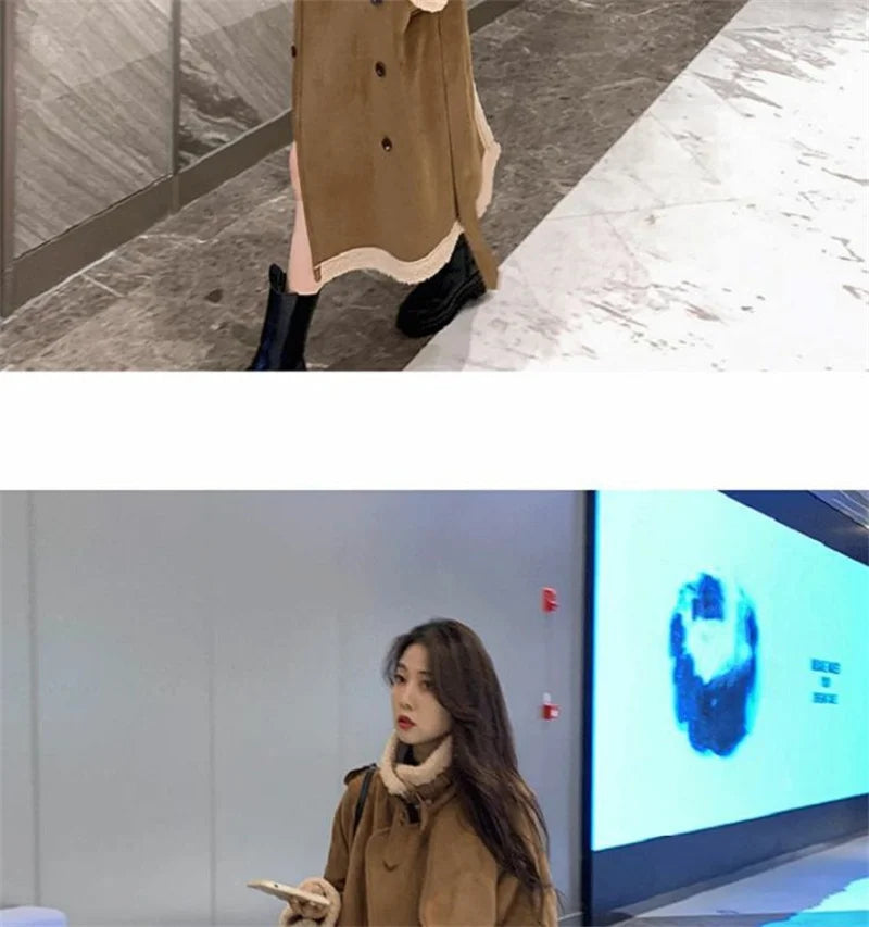 2024 Autumn Winter New Medium Long Double-breasted Lambswool Suede Woolen Coat Women Add Velvet Padded Warm Fur One Woolen Coats RT220